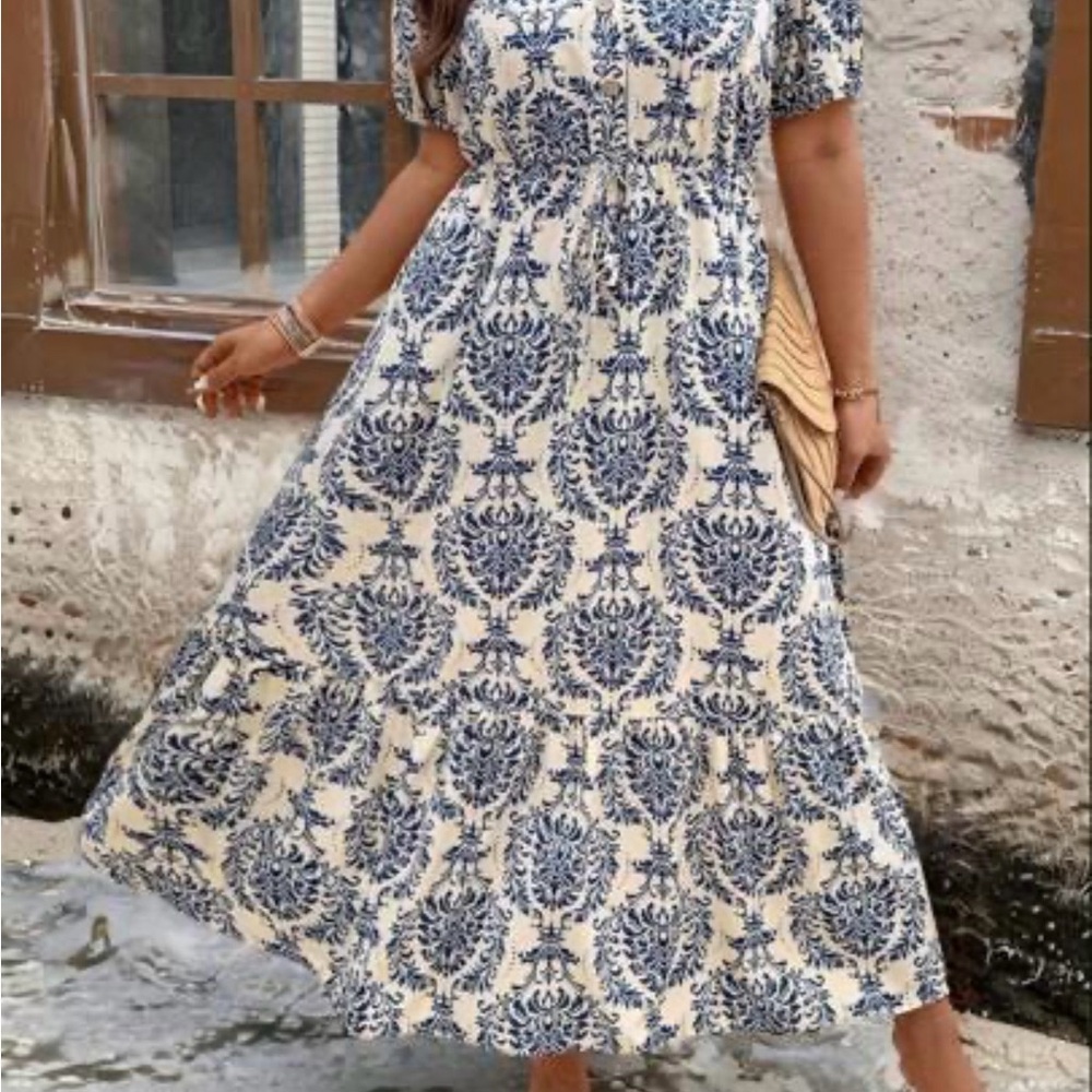 Blue & Cream Floral Motif Maxi Dress